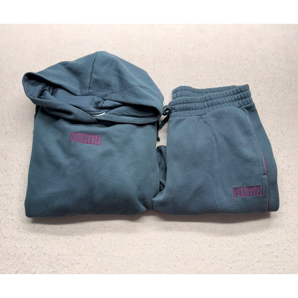 Puma Womens Teal Blue Pink Logo Hoodie and Joggers Sweatpants Lounge Set Large